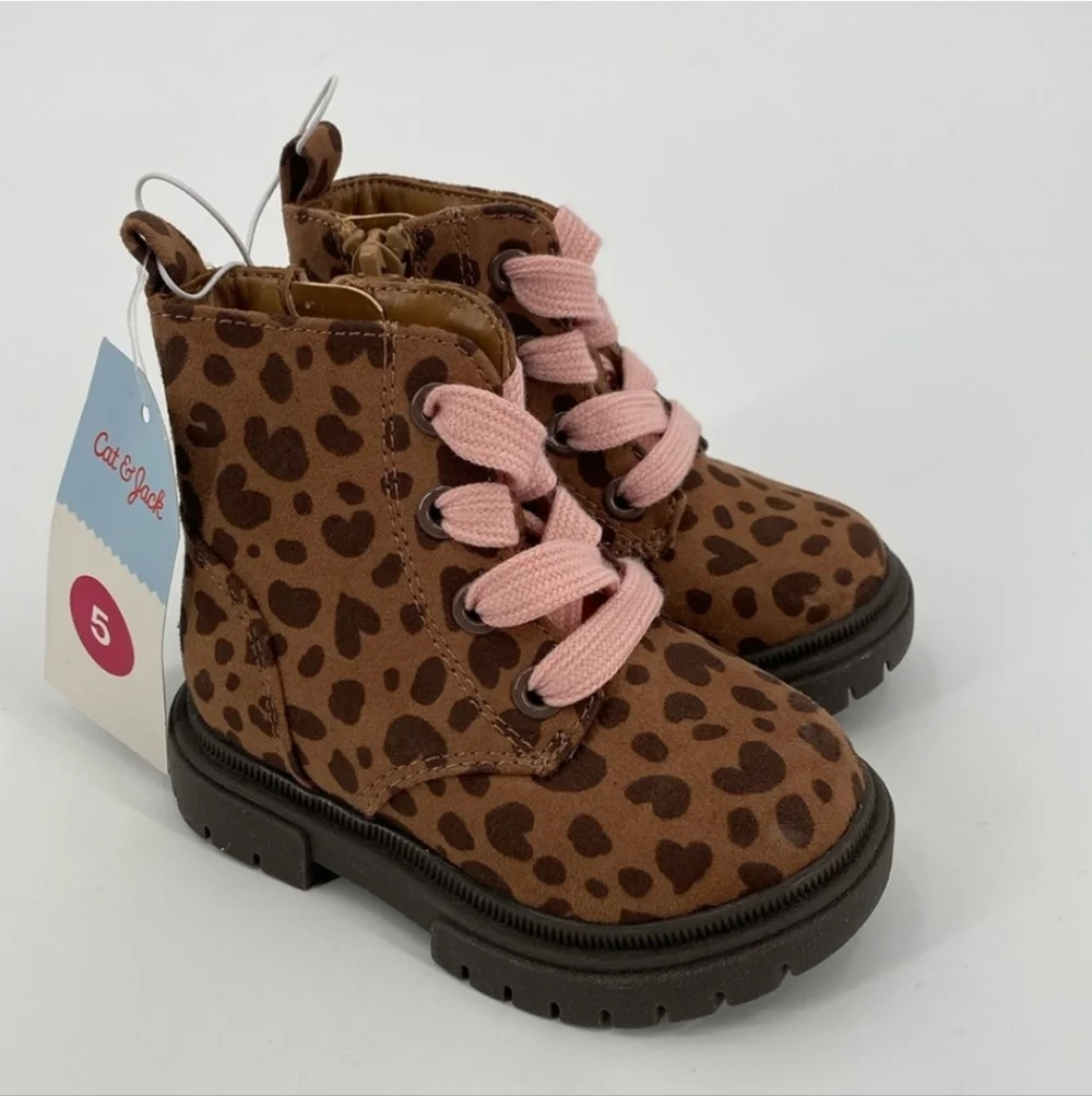 Cat & Jack Amaya Leopard Heart Print Combat Boots Pink Laces Toddler Sz 5
